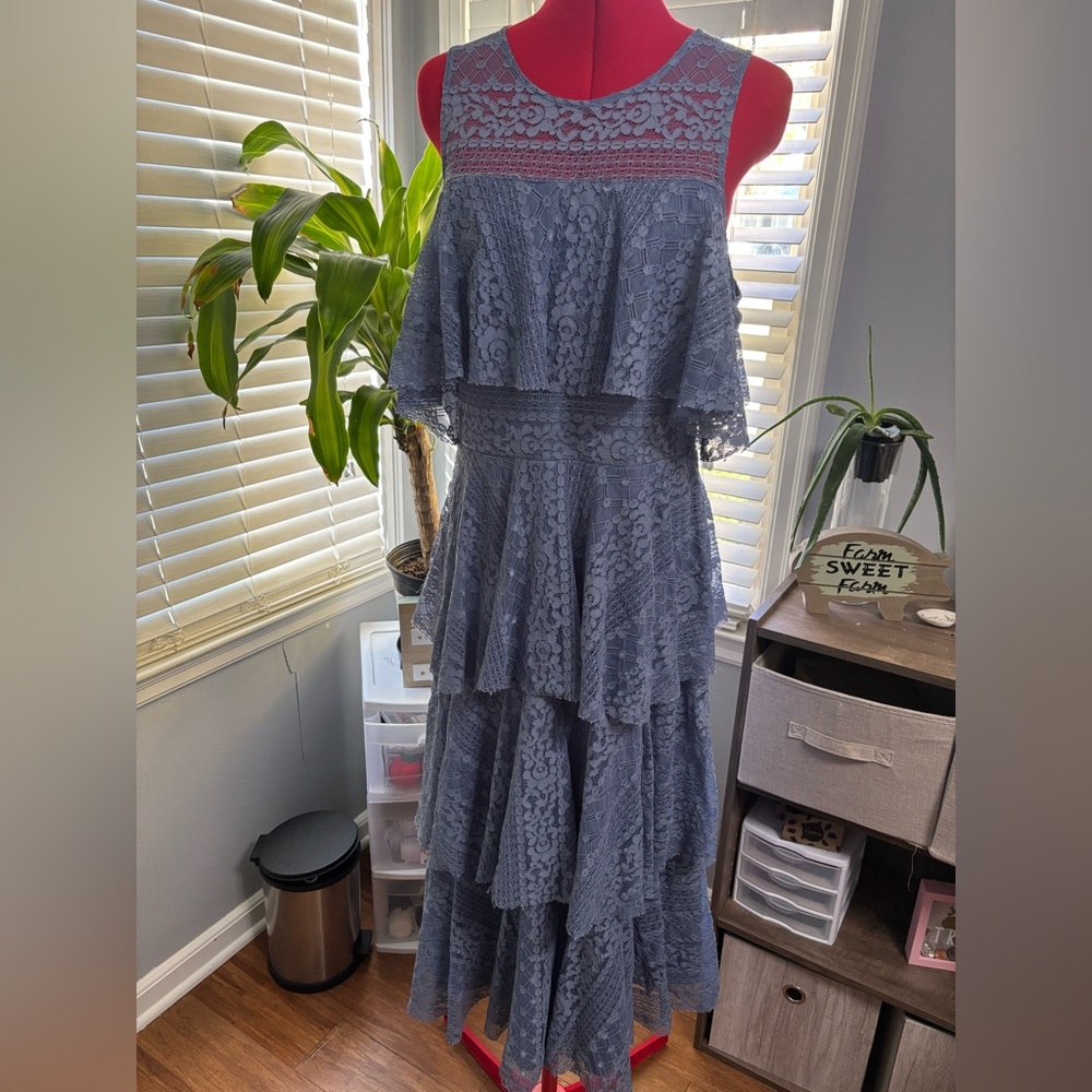 Ganni Lace Tiered Blue Maxi Dress